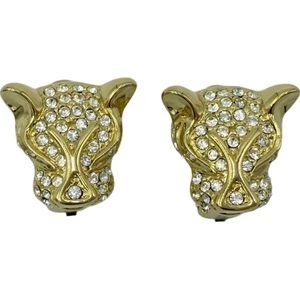 Pair Vintage Equestrian Fox Head Gold Metal Rhinestone Clip On Earrings